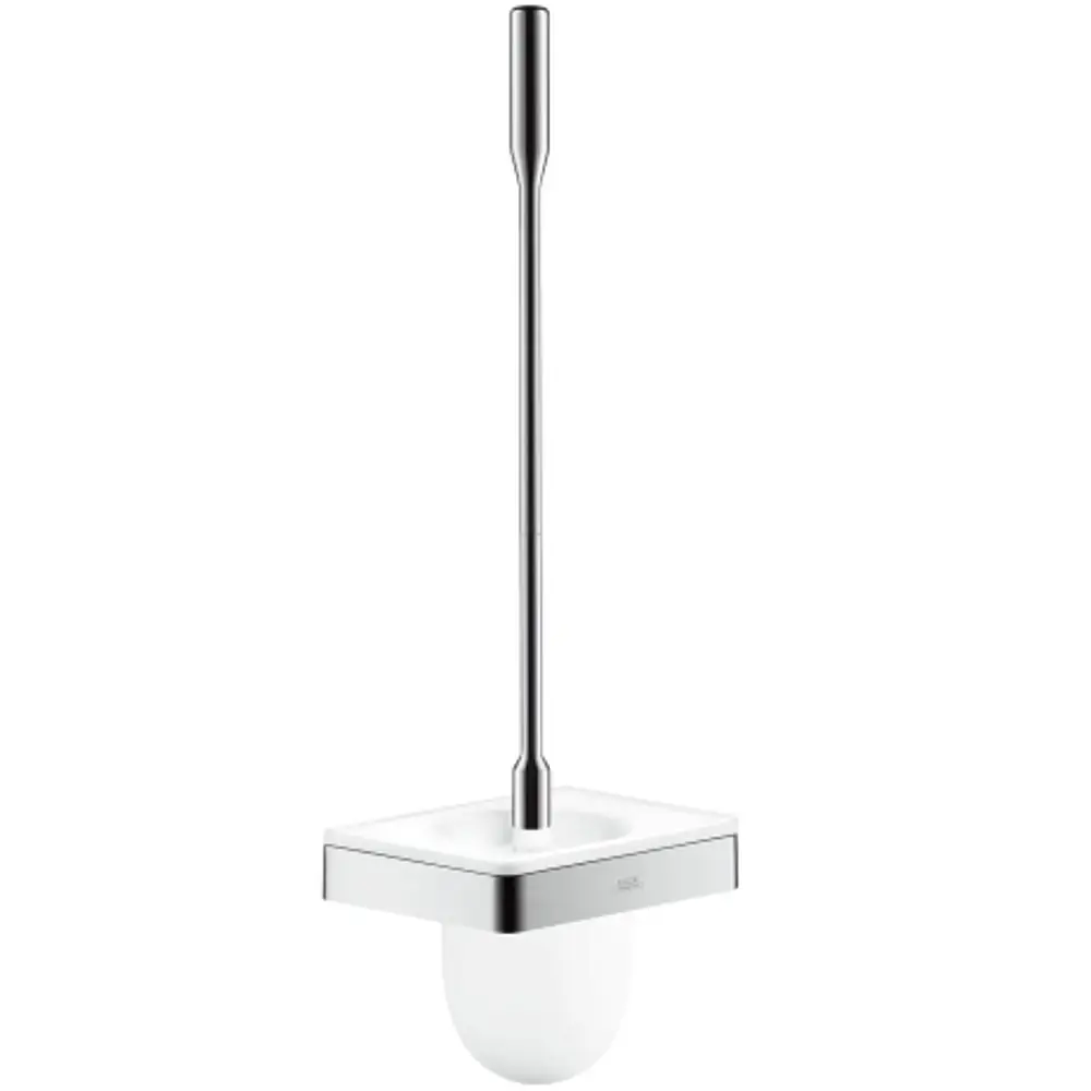 Wandmontierter Toilettenbürstenhalter mit langer, schlanker Bürste und einem halbrunden, weißen Behälter; Design von AXOR in Chrom und Weiß.